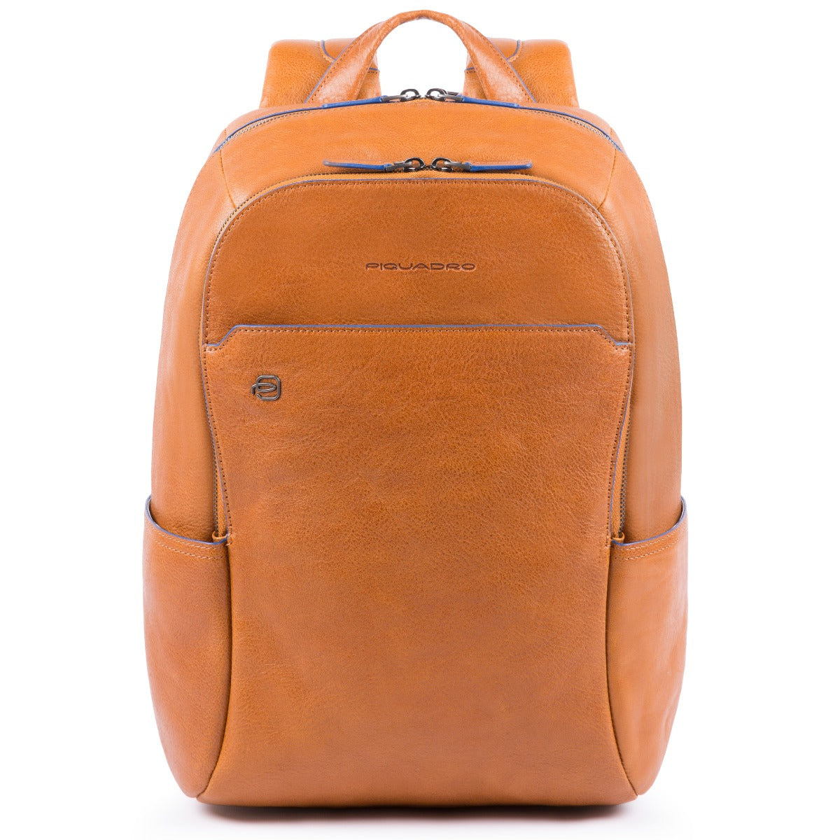 Small size computer backpack with iPad®10,5"/iPad 9,7" compartment, pockets for bottle and umbrella Blue Square - Cuoio tabacco