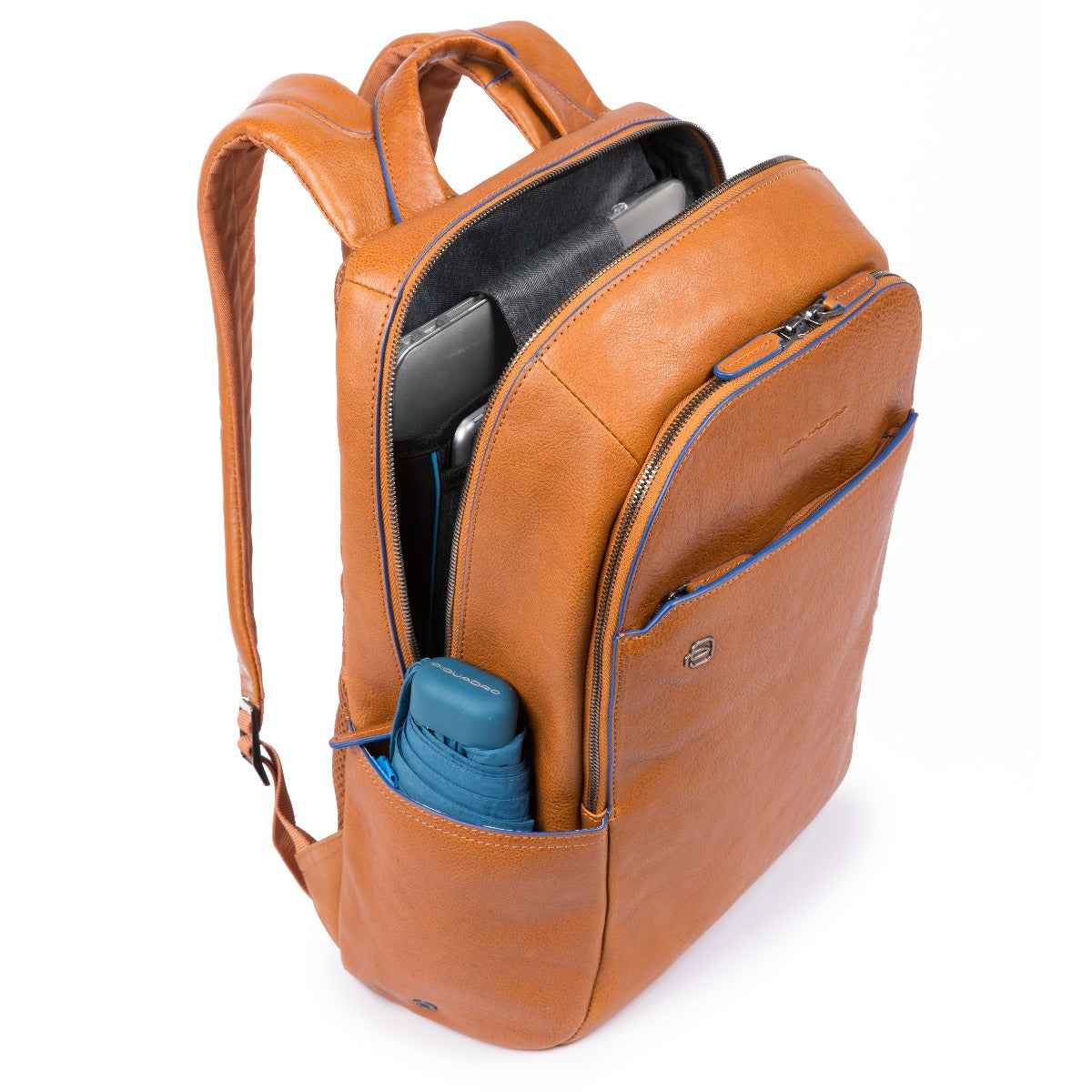 Small size computer backpack with iPad®10,5"/iPad 9,7" compartment, pockets for bottle and umbrella Blue Square - Cuoio tabacco