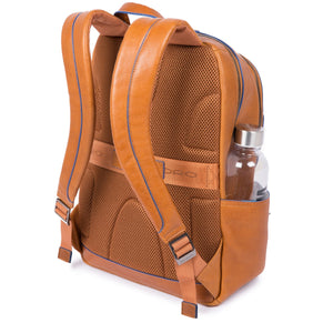 Small size computer backpack with iPad®10,5"/iPad 9,7" compartment, pockets for bottle and umbrella Blue Square - Cuoio tabacco