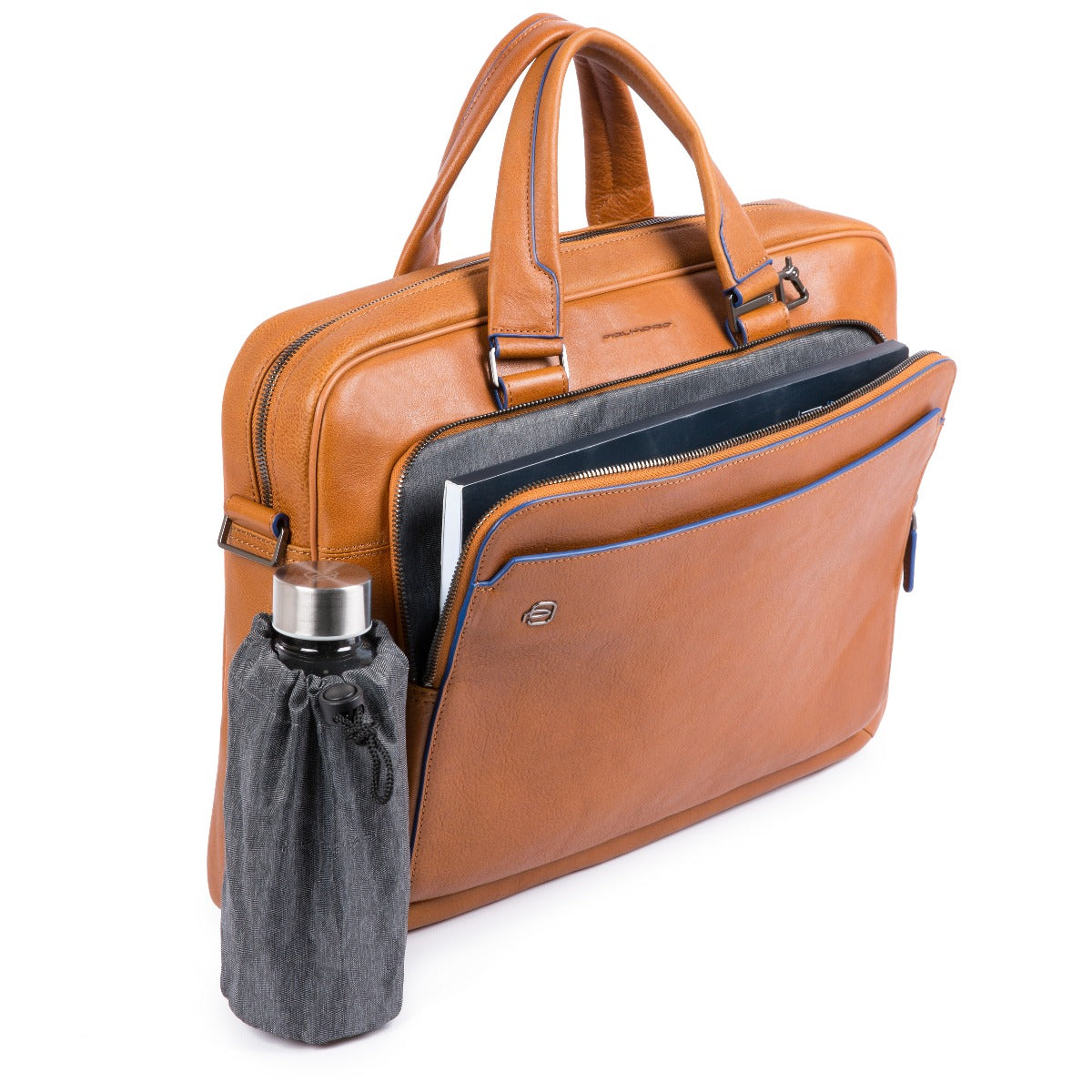 Briefcase 2 handles in Blue Square leather - cuoio tabacco