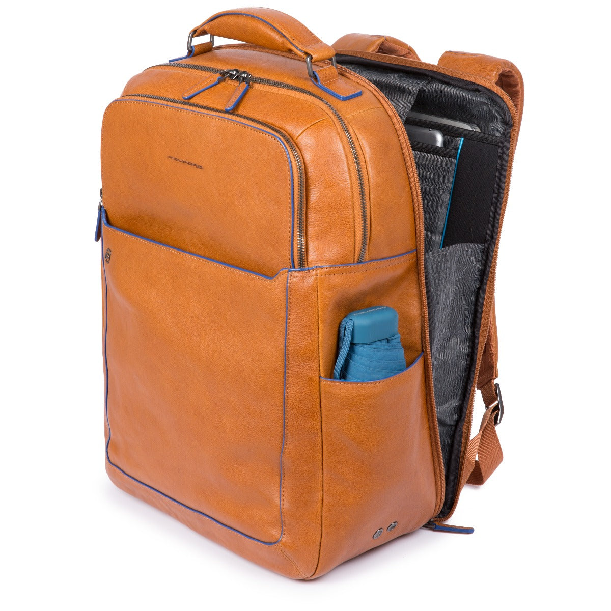 Fast Check computer backpack with iPad®10,5iPad 9,7 compartment, bottle and umbrella pockets Blue Square - Cuoio tabacco