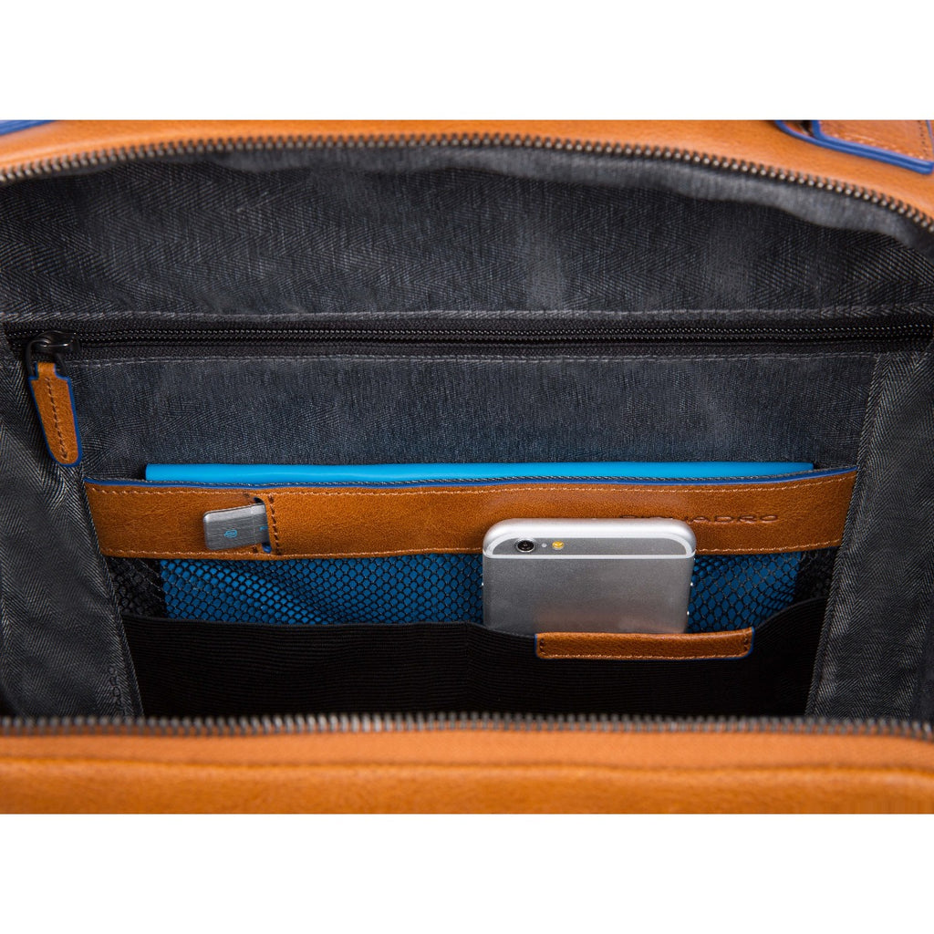 Fast Check computer backpack with iPad®10,5iPad 9,7 compartment, bottle and umbrella pockets Blue Square - Cuoio tabacco